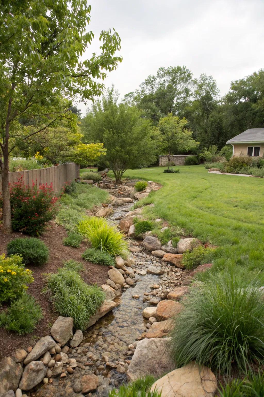 Imitation streambeds control rainwater while improving visual attractiveness.