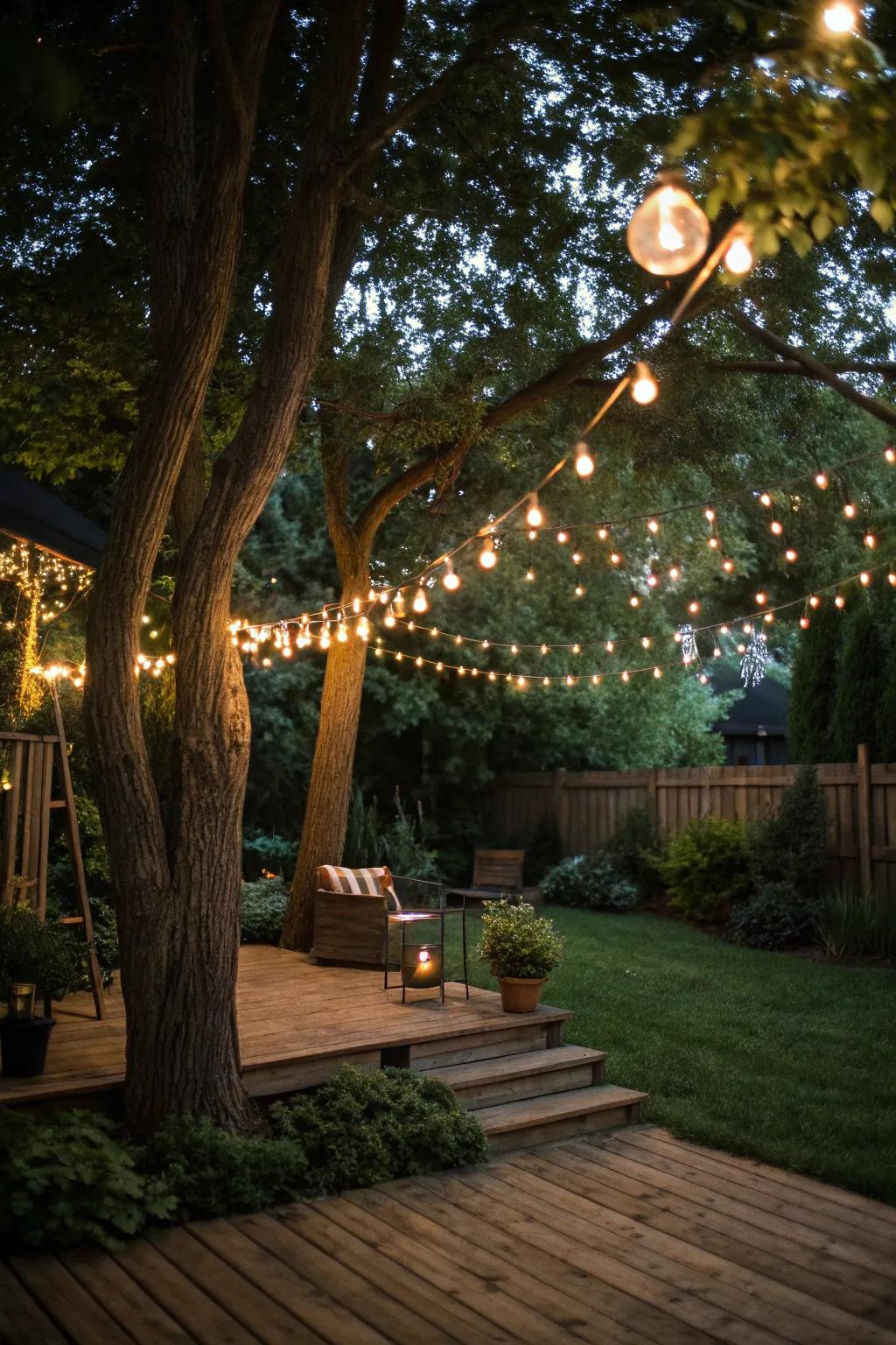 Fairy lights shape a captivating environment for an engagement celebration in the garden.