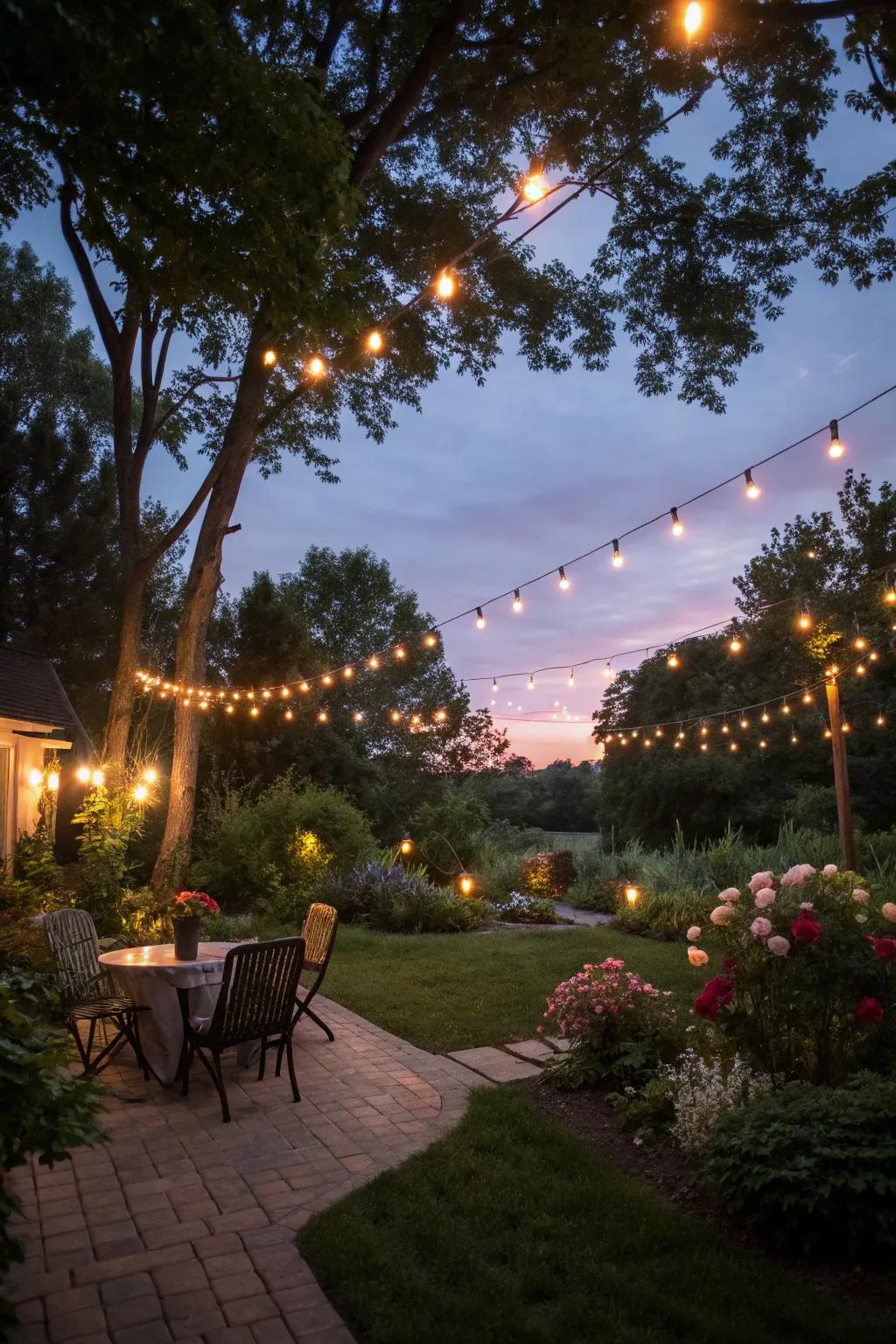 Fairy lights form a magical overhead display in a backyard setting.