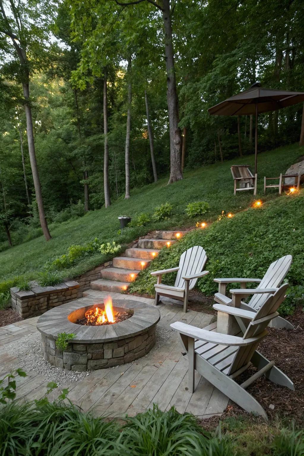 A hillside seating nook can easily become your favorite place to unwind.