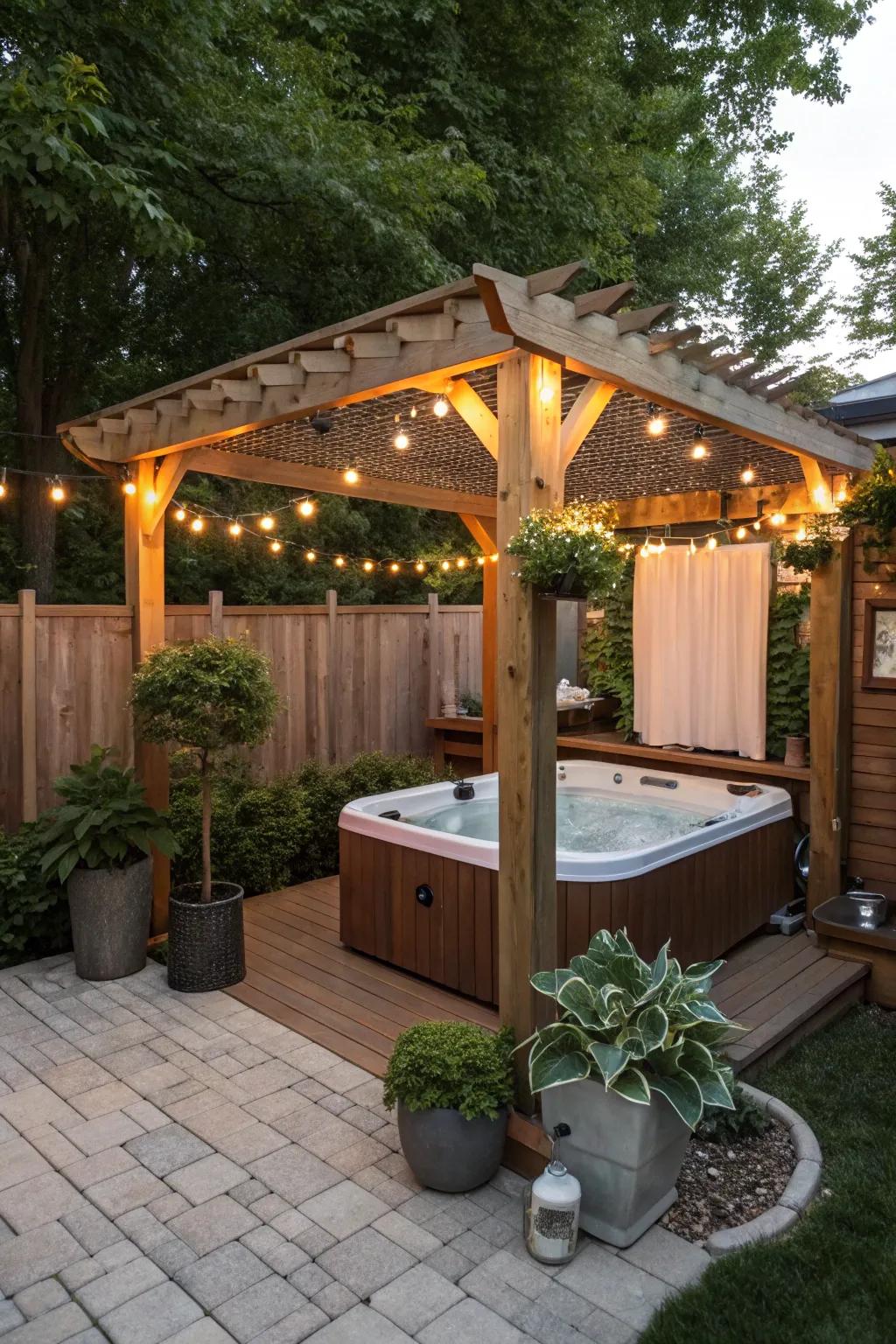 A garden structure provides both privacy and a stylish setting for your hot tub.