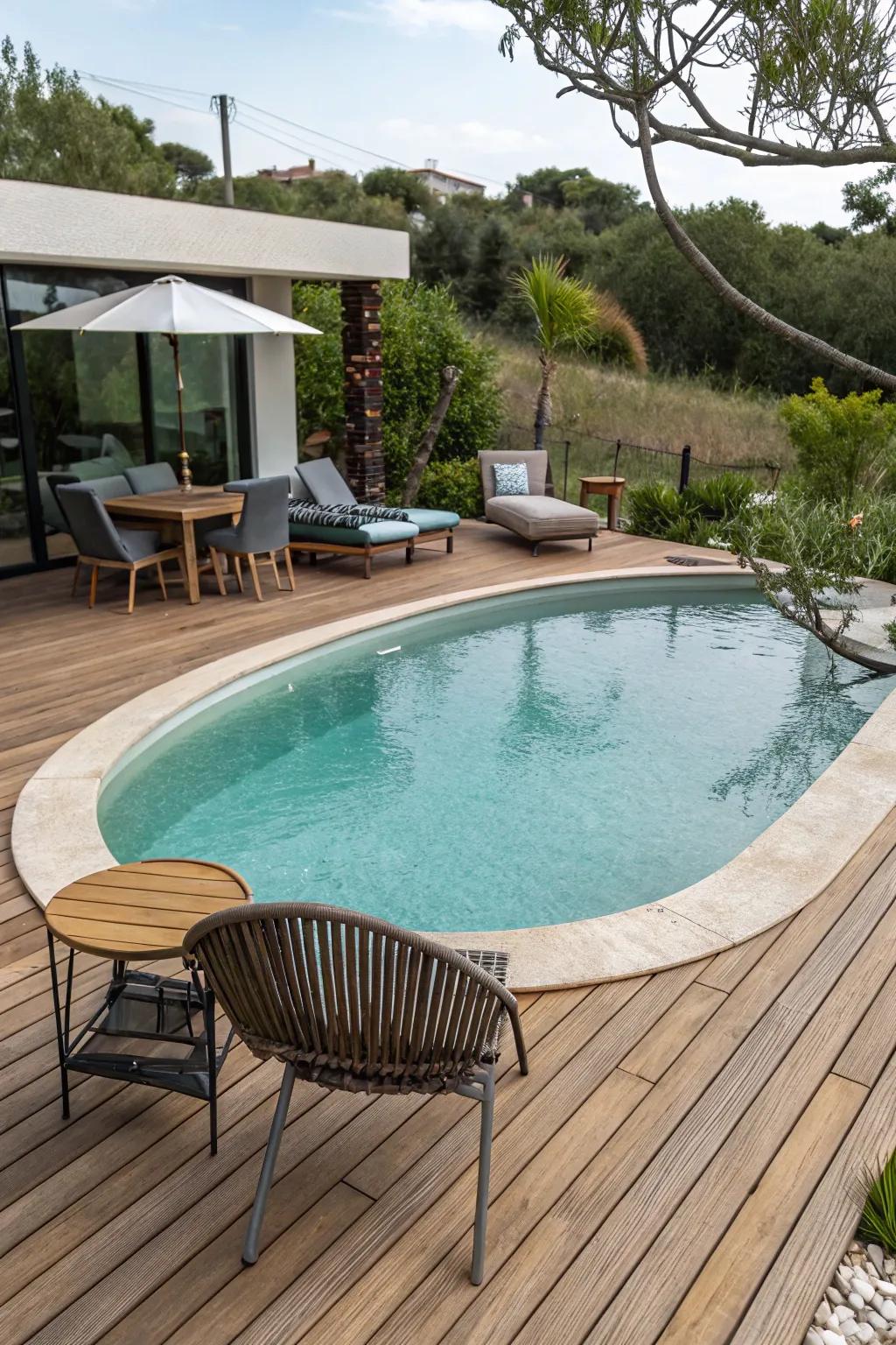 Warm timber decking enriches the welcoming mood of the pool.