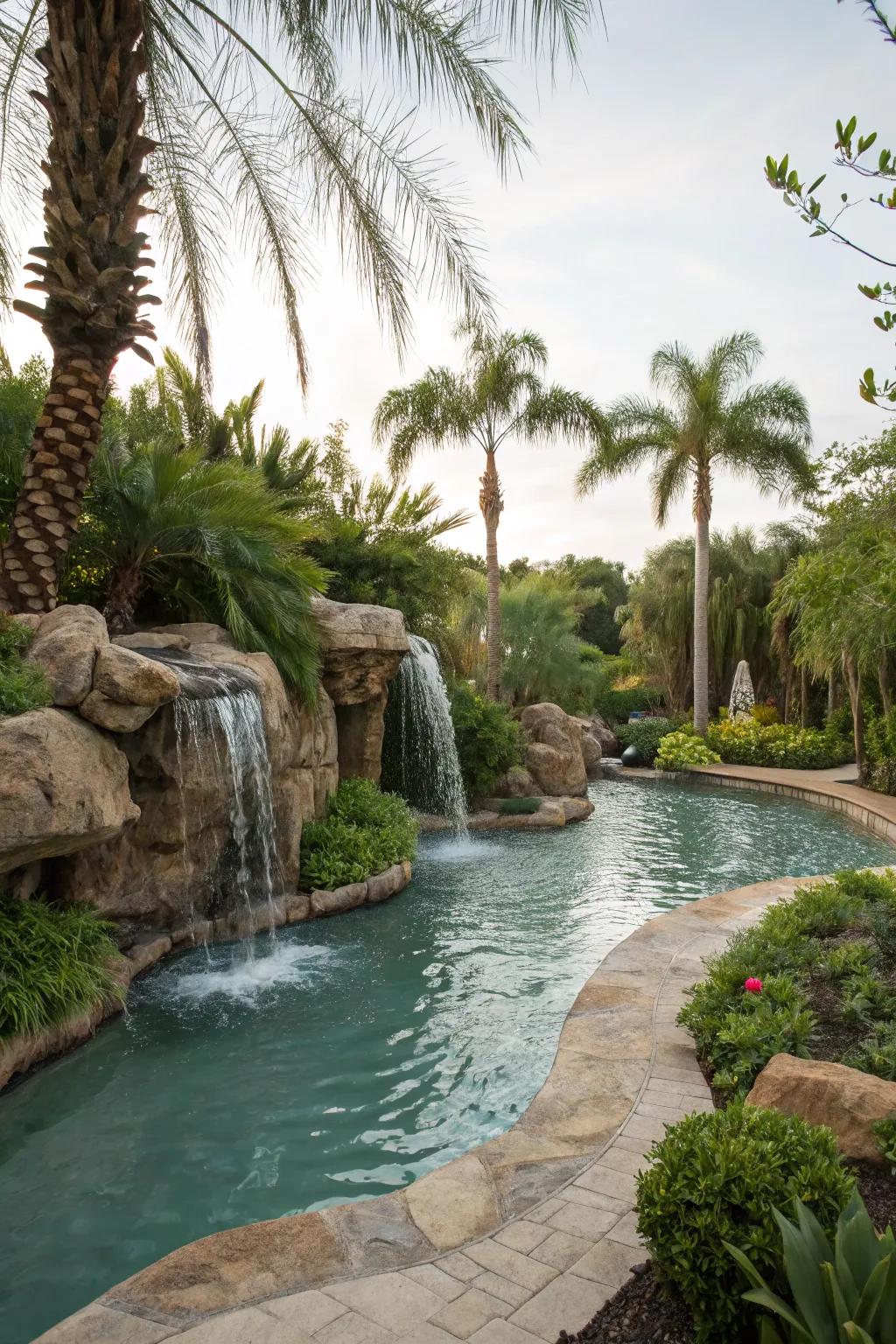 A cascade flowing into a lazy river pool, adding sophistication and tranquility.
