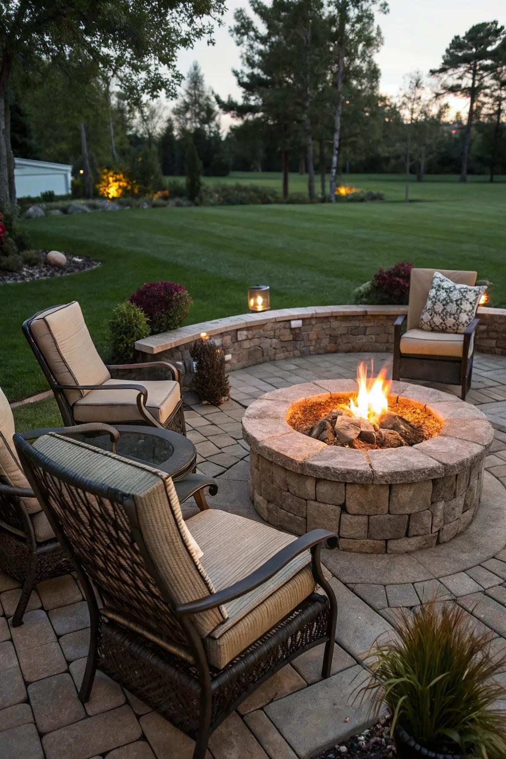 An inviting fire pit area encourages warmth and social interaction.