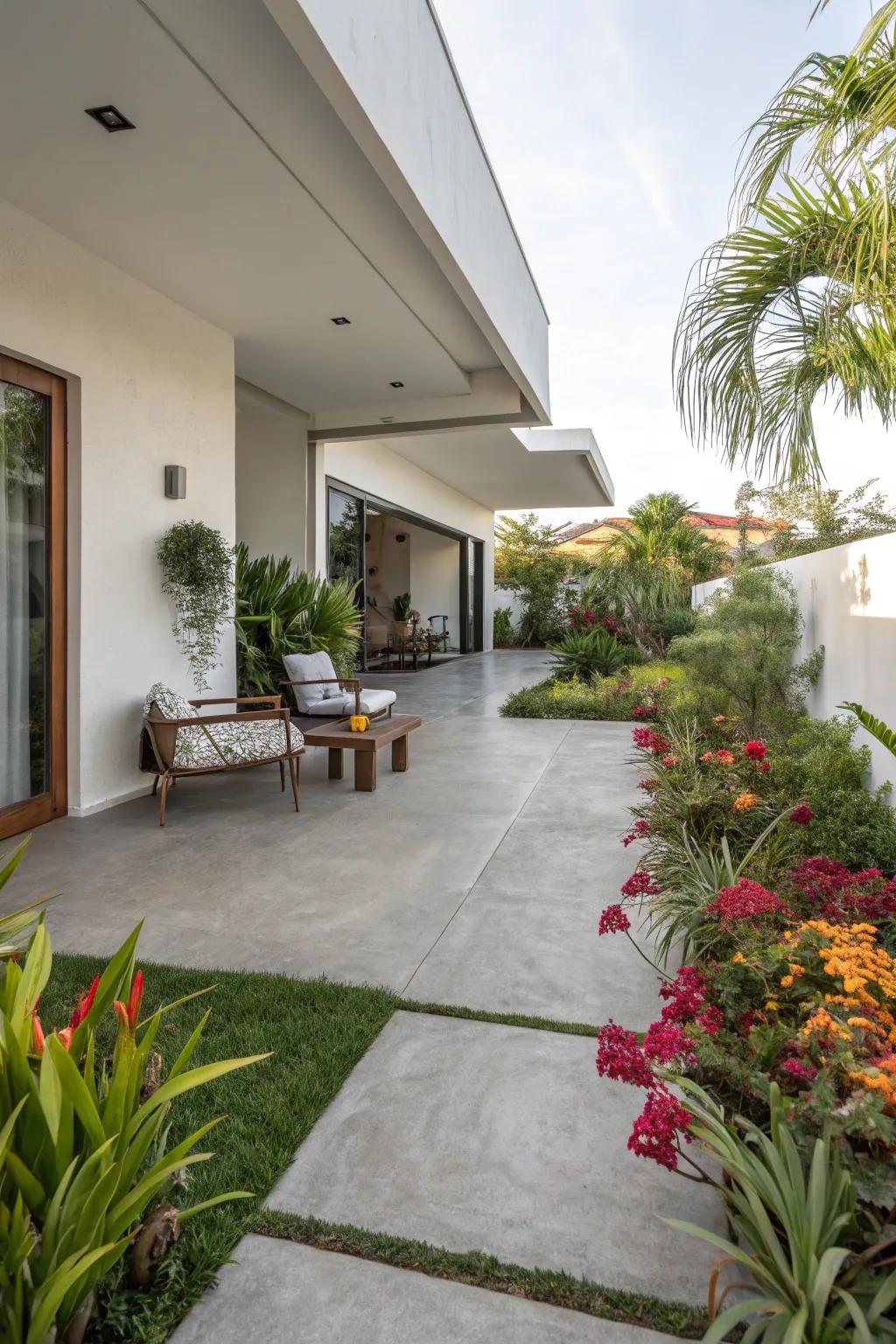 Sleek concrete slabs fashion a modern, minimalist patio.