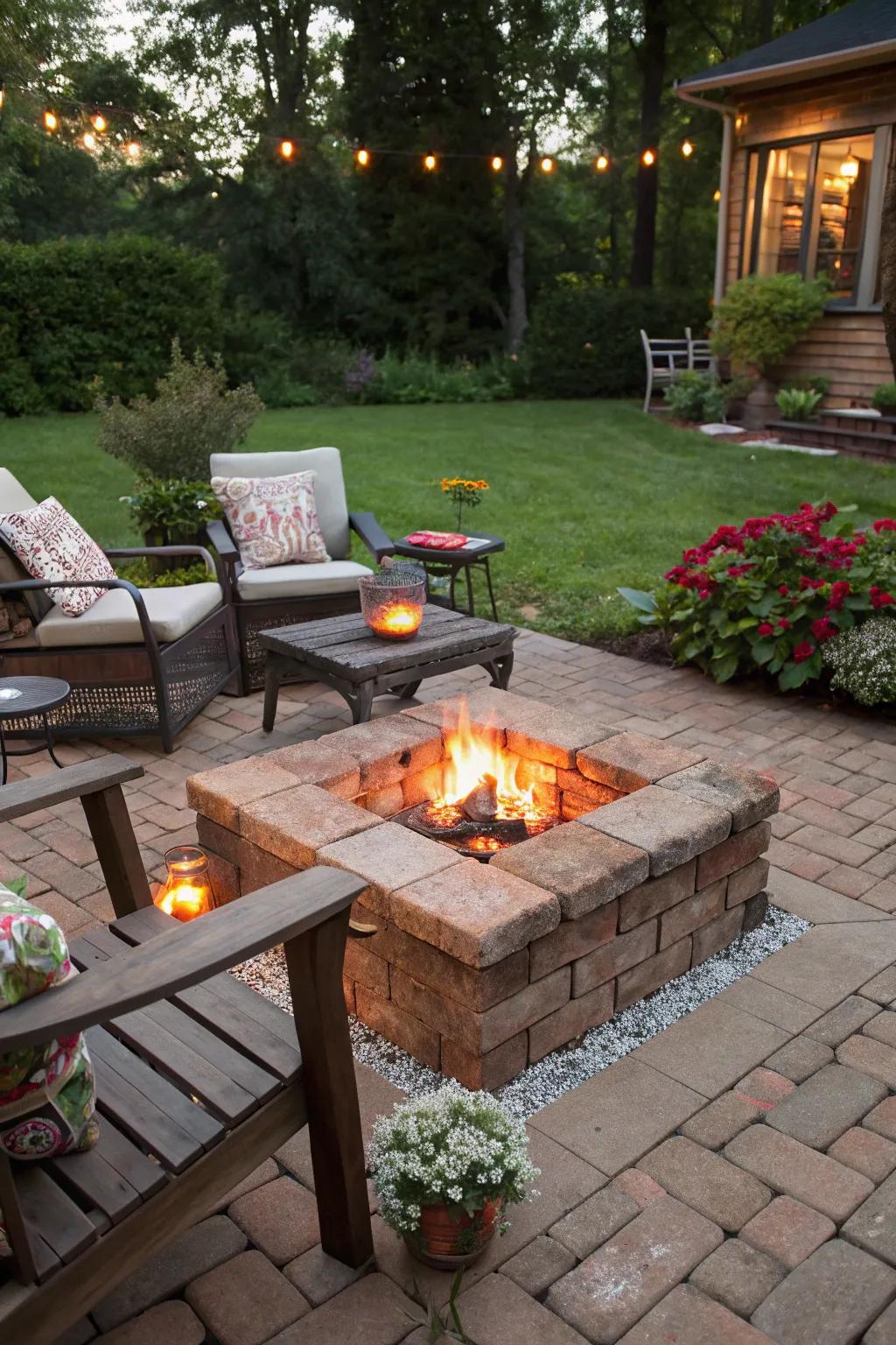 A small, welcoming fire pit created from spare bricks.