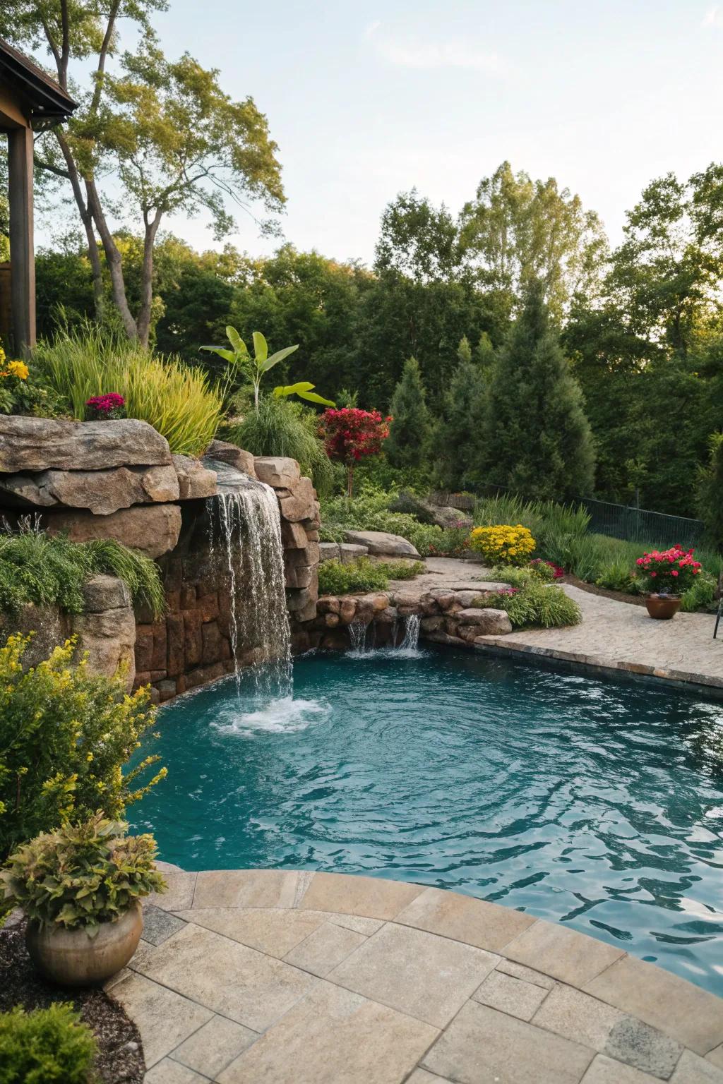 A luxurious pool featuring a flowing cascade accent.