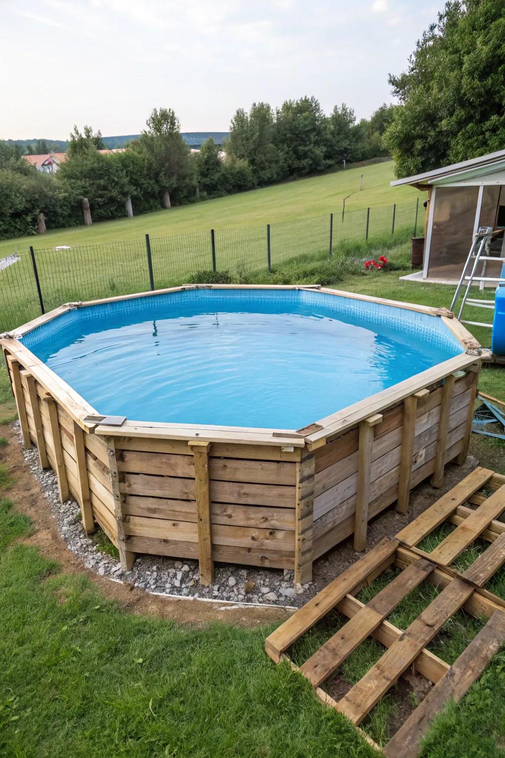 An inventive pool border constructed from repurposed lumber decking.