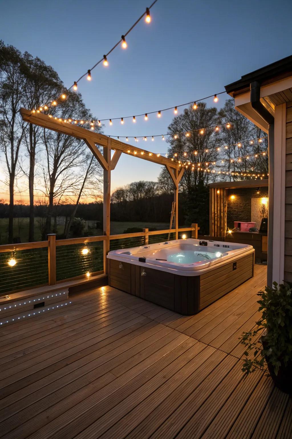 Soft lighting elevates the vibe and practicality of your swim spa deck as night falls.
