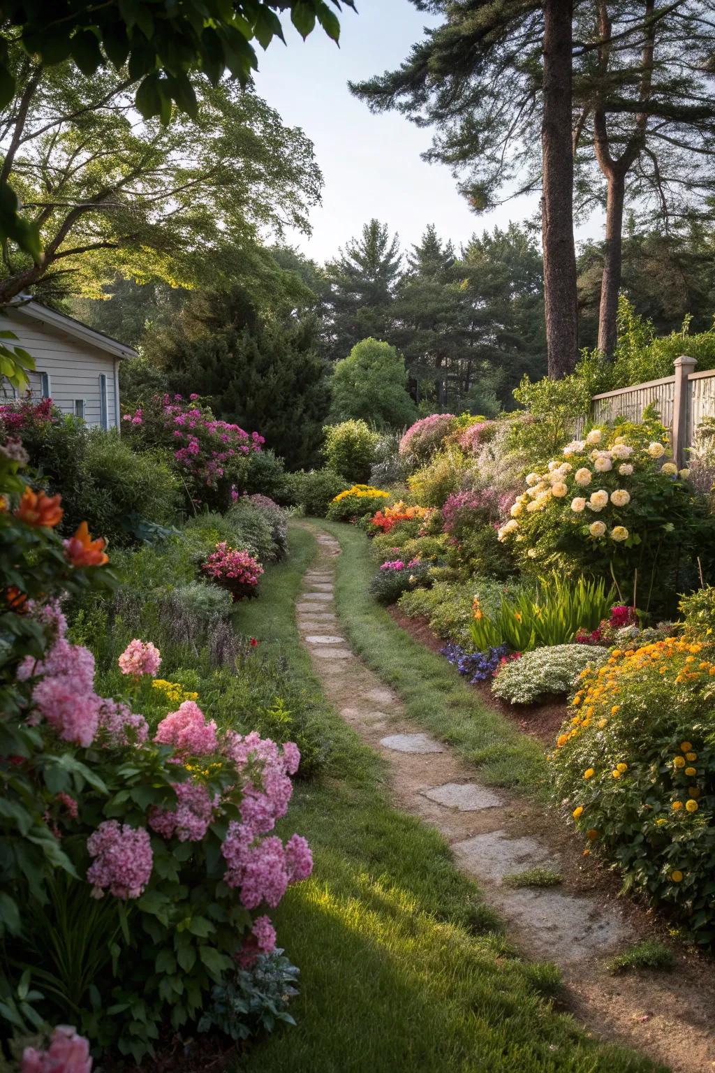 An energetic backyard path lined with radiant flowers and lush vegetation.