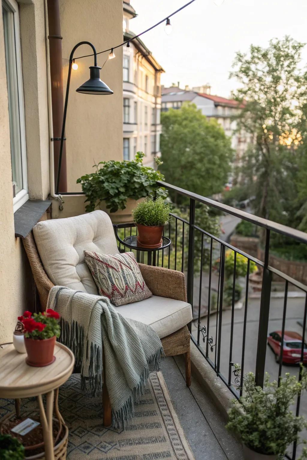 A welcoming seating space complete with plush textiles encourages you to rest on your balcony.
