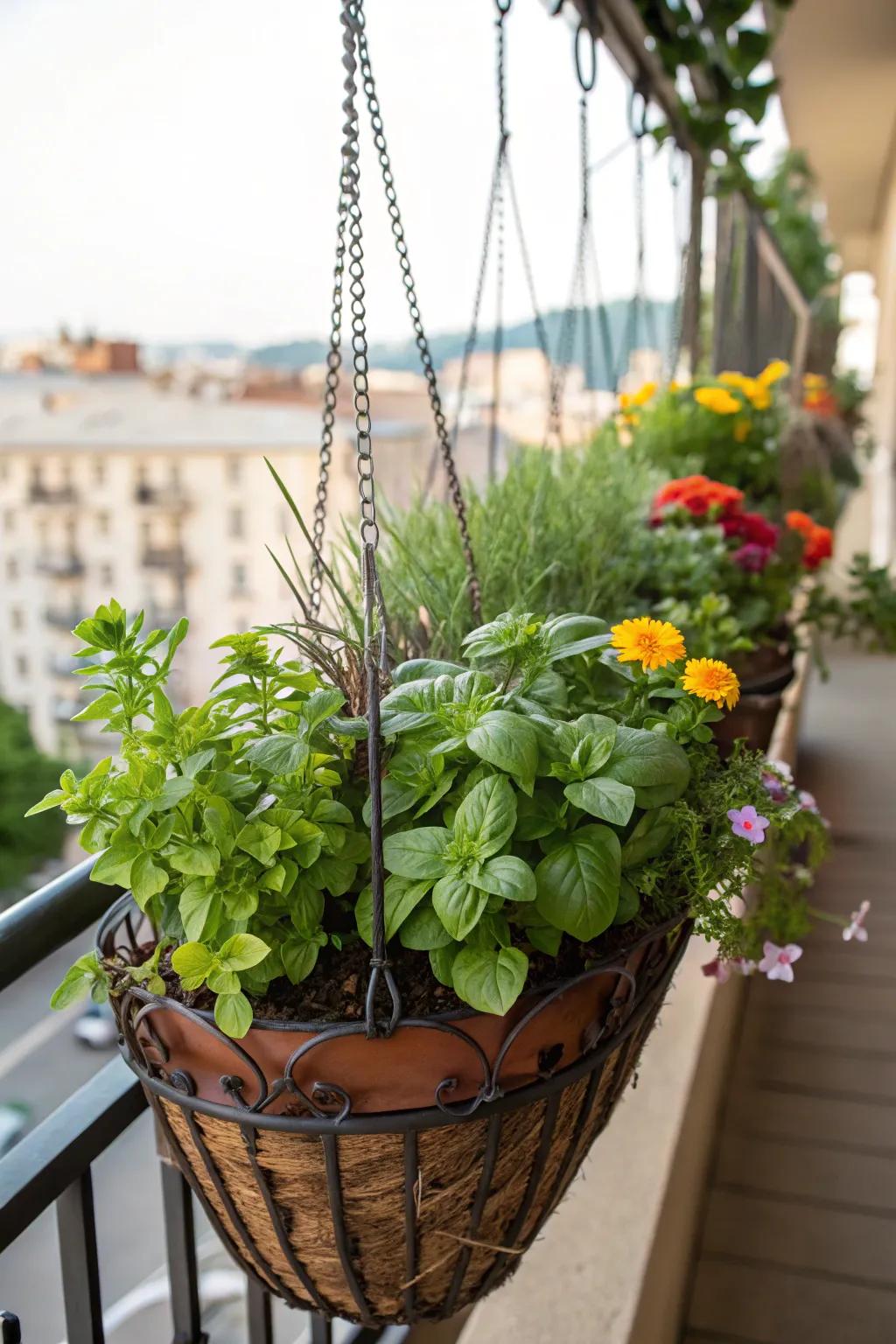 Hanging containers are a lovely way to grow herbs without using any floor space.