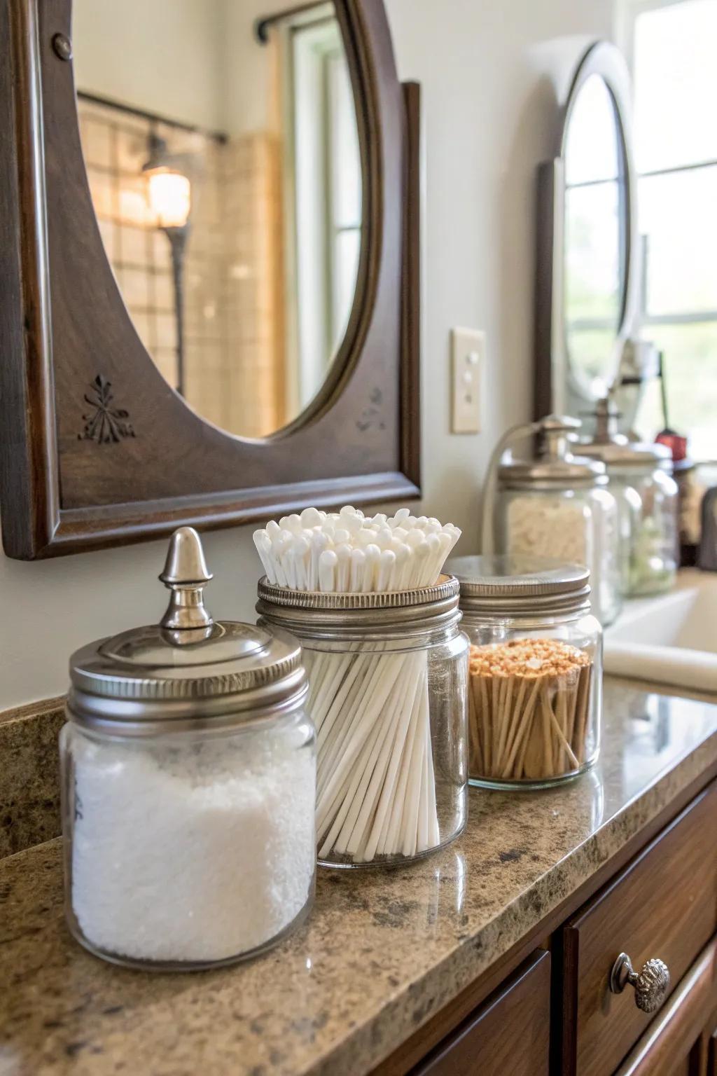 A stylish bathroom storage solution using ball jars.