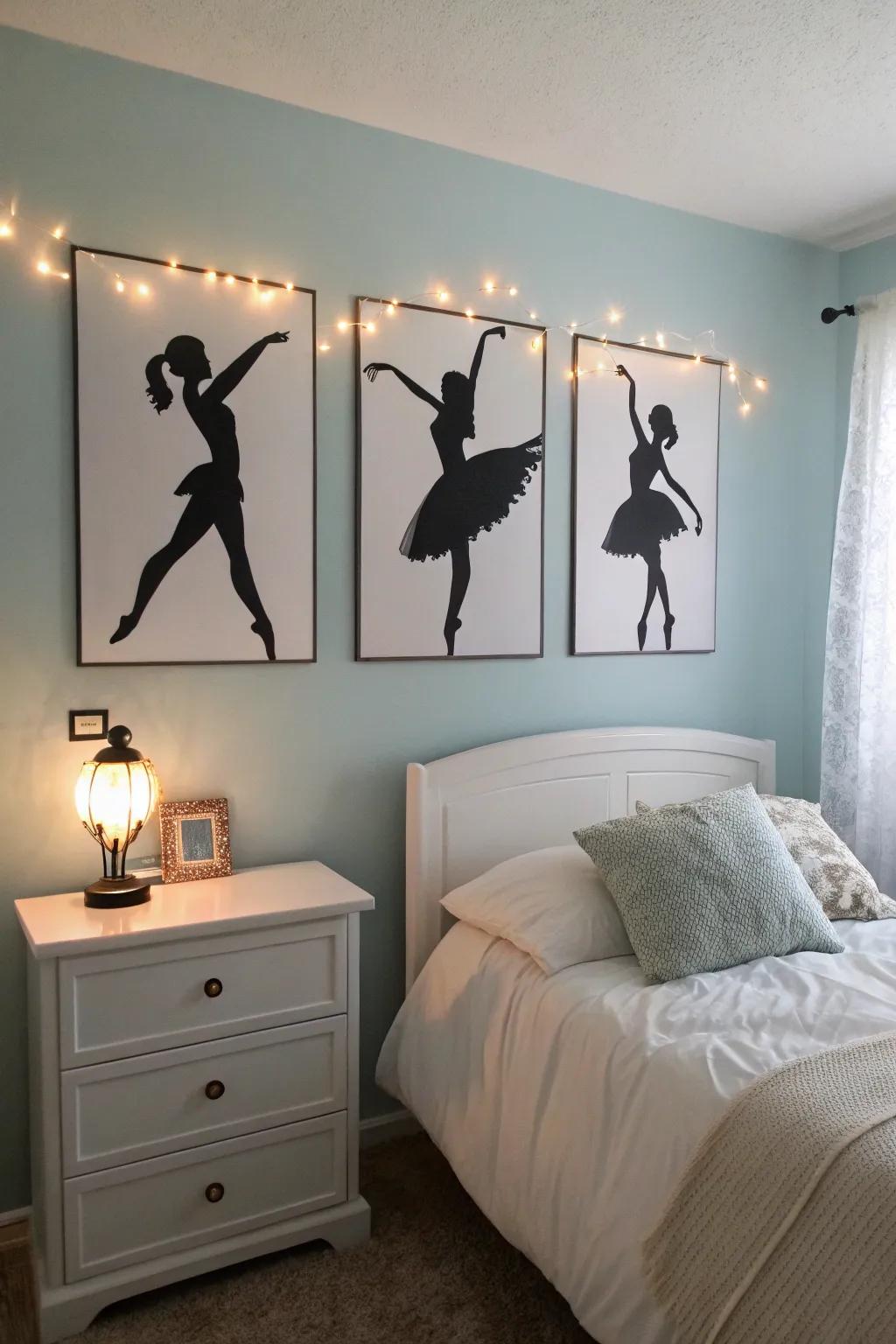 Ballet dancer wall art enhances elegance and inspiration within the design.