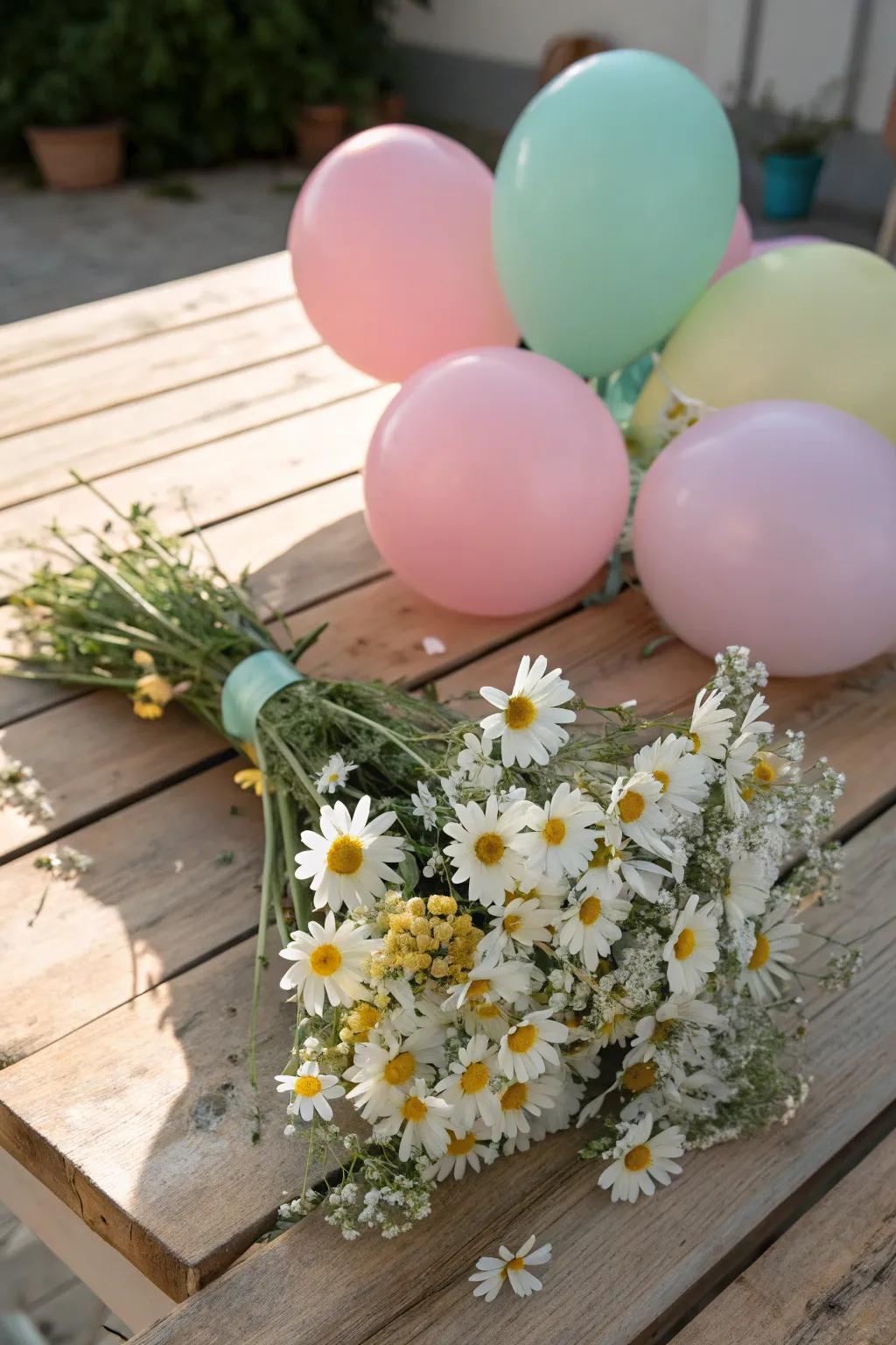 An exquisite fusion of balloons and natural flowers, forming a captivating focal point.