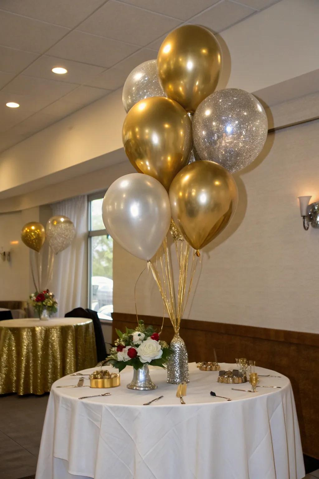 Sophisticated metallic balloons create an elegant shimmer.