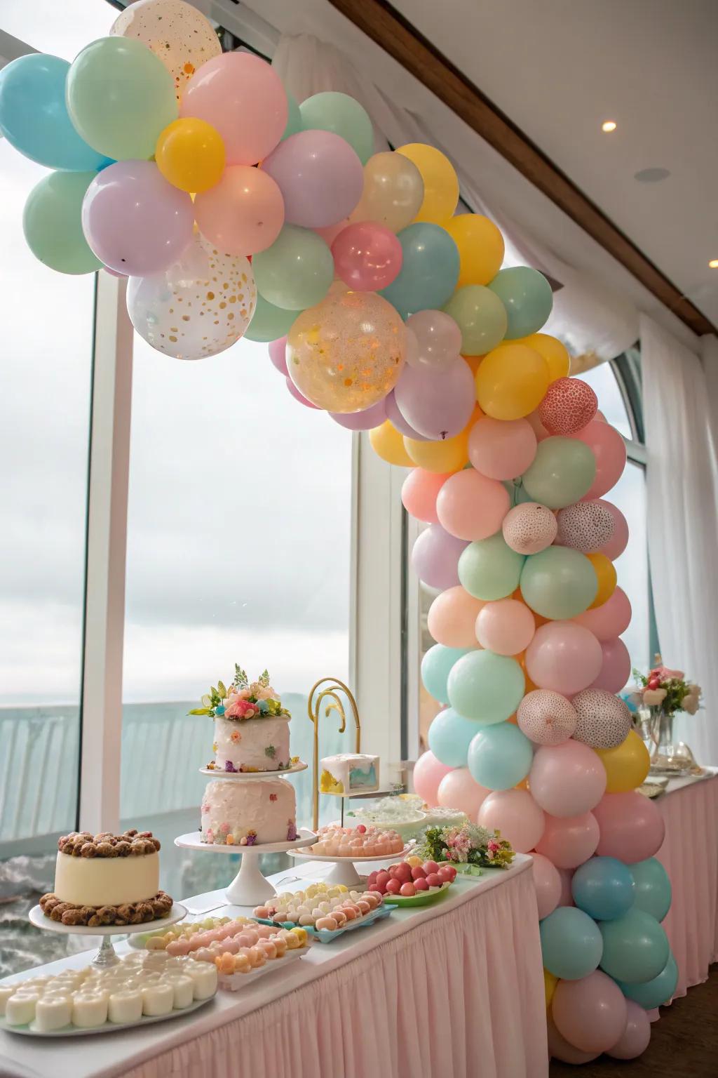 A vibrant balloon swag spreads joy throughout the baby shower event.