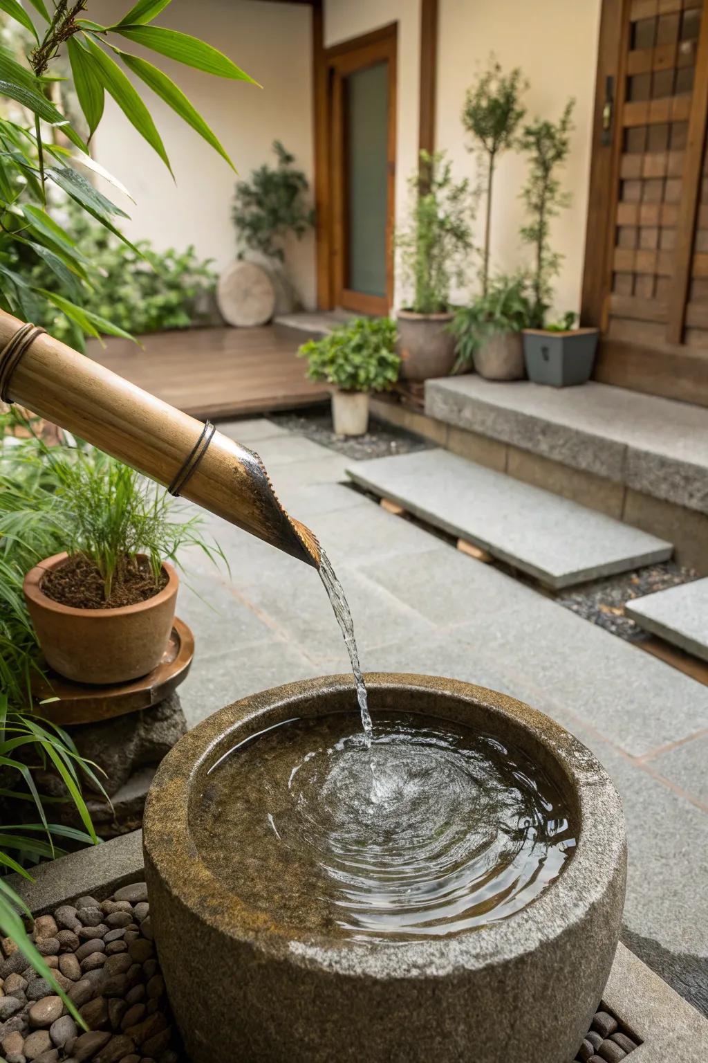 A minimalist bamboo spout fountain gracing a cozy patio area.