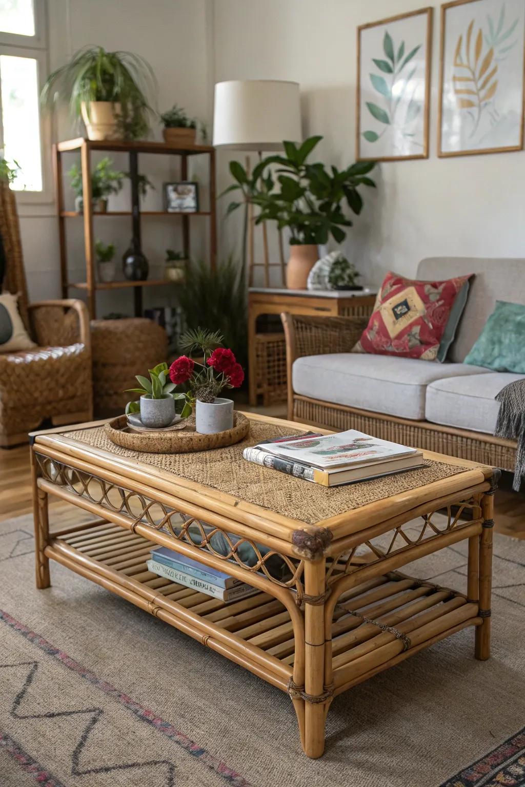 A bamboo center table serving as a stylish focal point