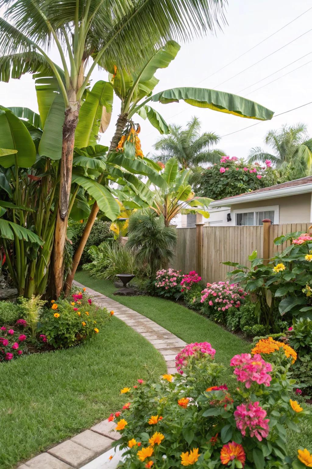 Combine banana trees with bright blooms for a lively garden landscape.
