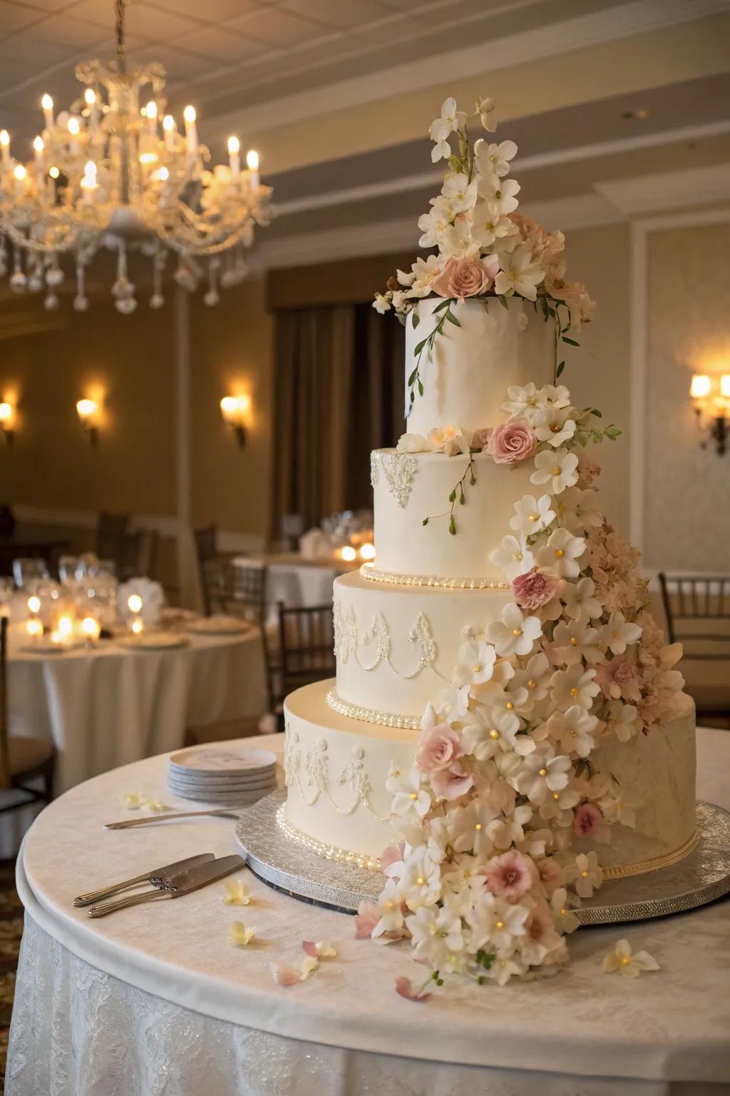 An elegant multi-layered cake showcasing cascading sugar flowers.