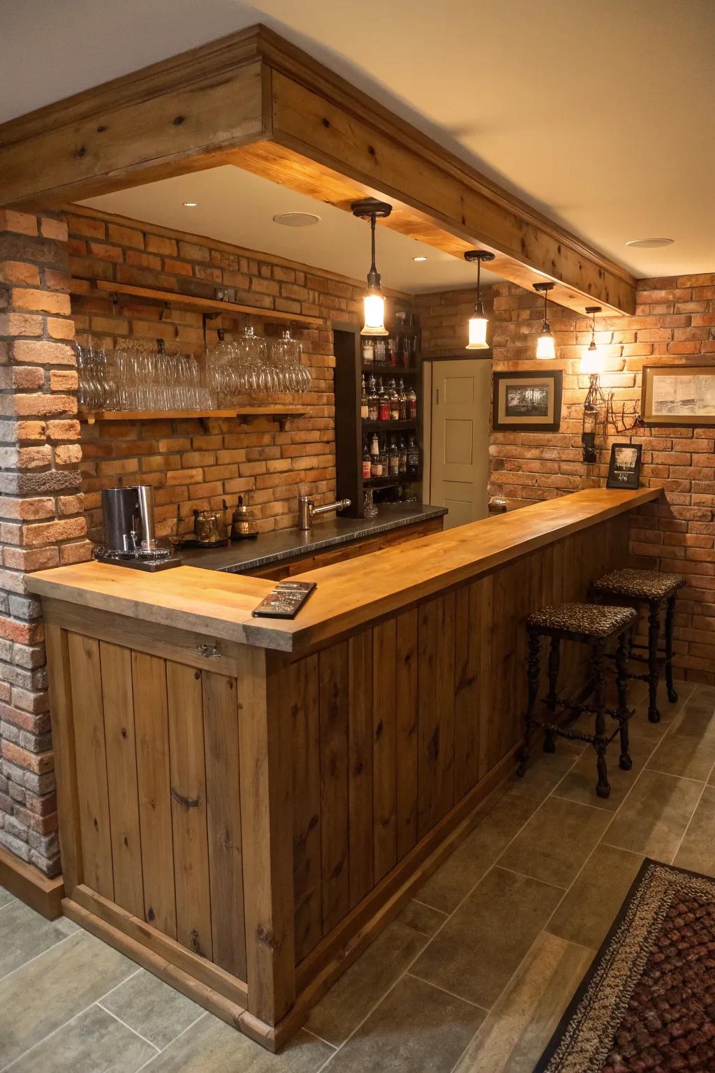 A weathered home bar featuring a charming stone backsplash and wooden countertops.