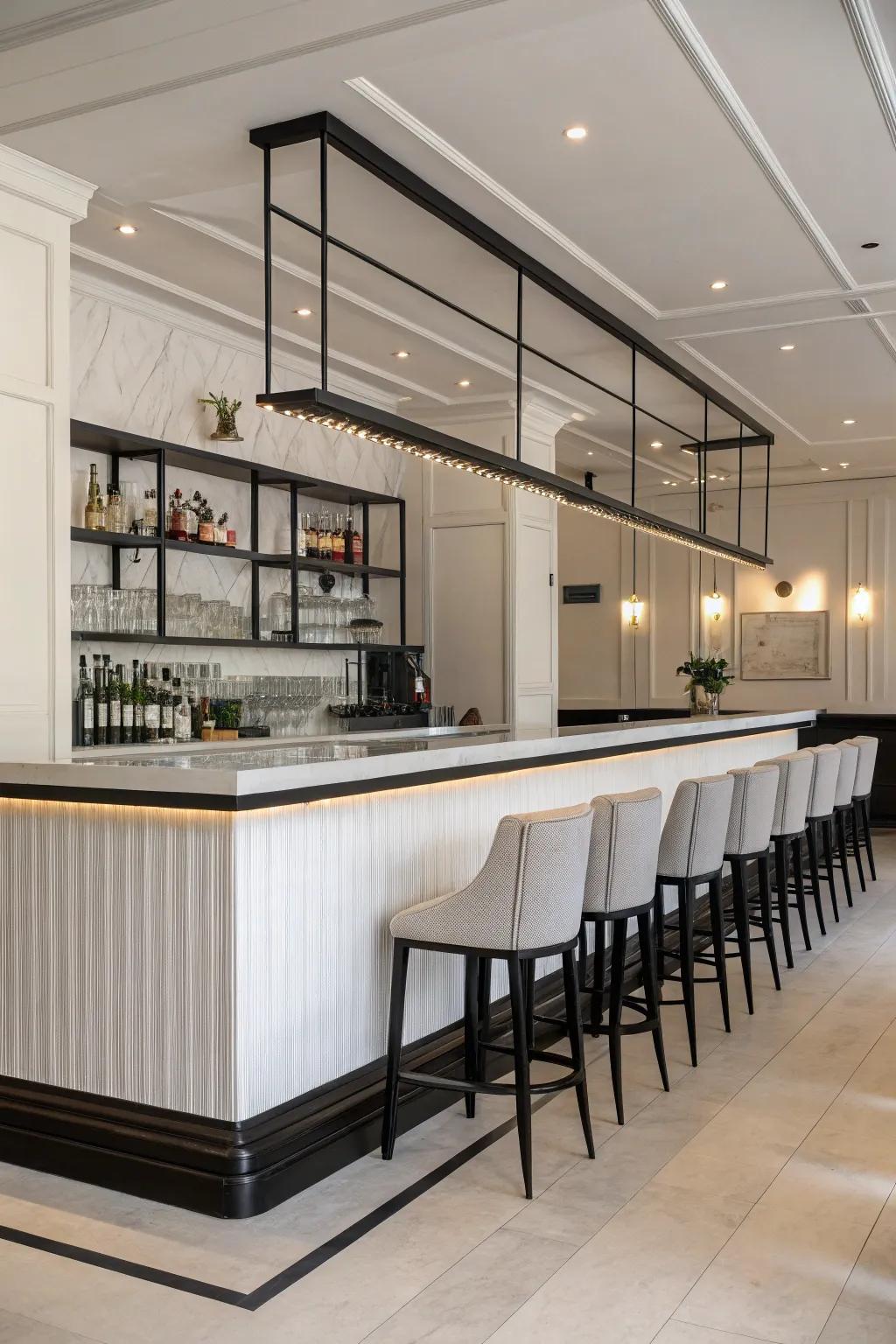 A matte black foot rail introduces a sleek, contemporary element.