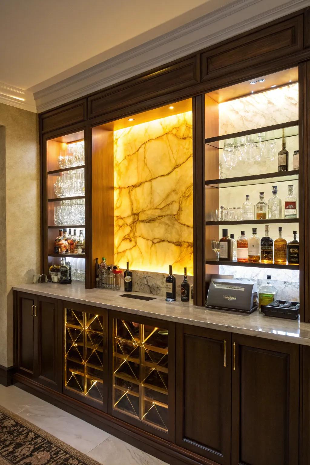 Make a bold statement with a backlit onyx wall that beautifully lights up your bar area.