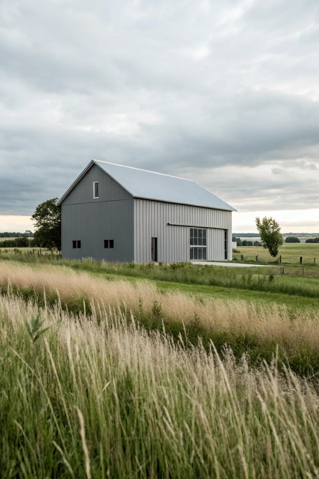 A modern slate barn showcasing streamlined forms and contemporary aesthetics.