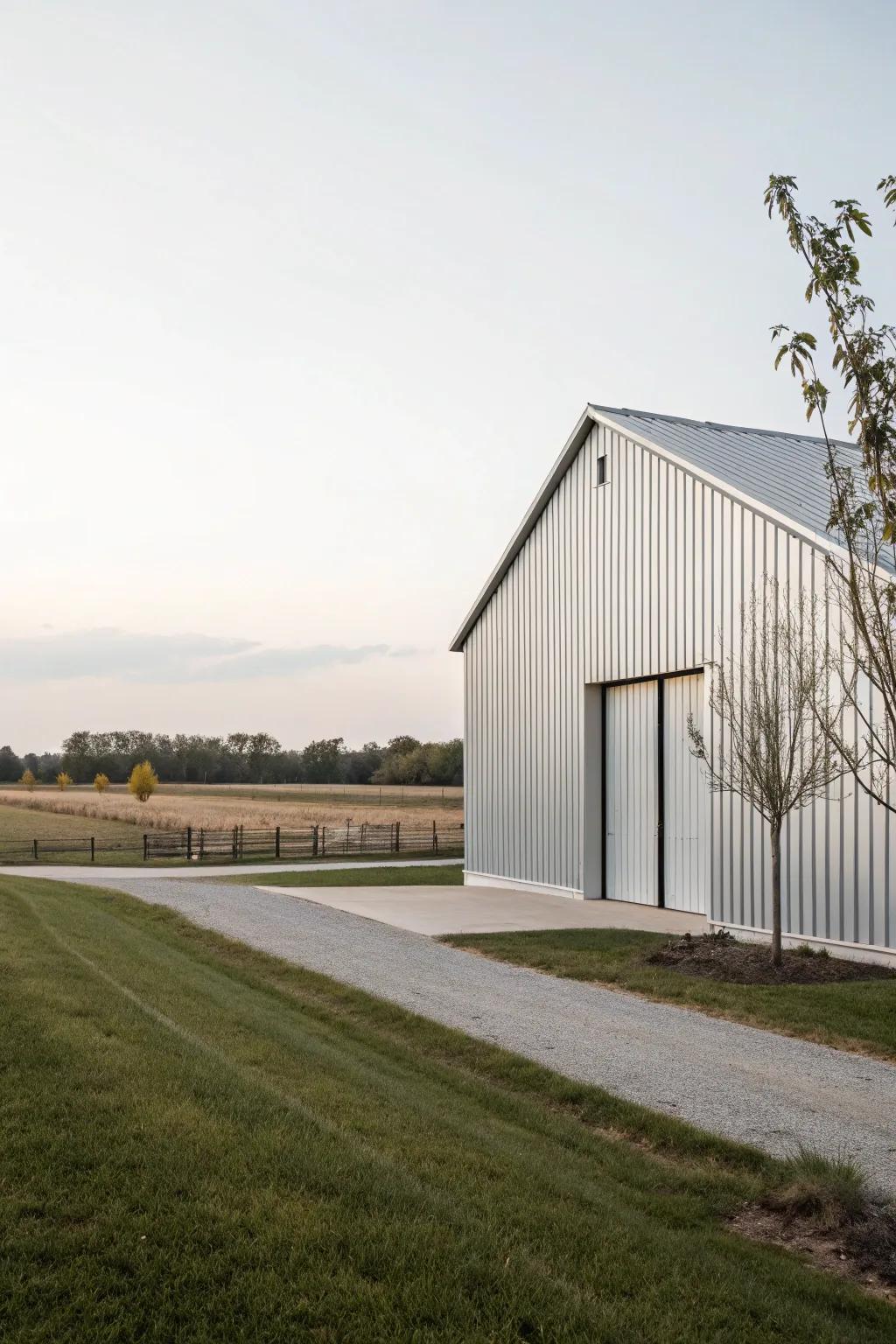 A modern barn featuring metal panel siding that radiates contemporary sophistication.