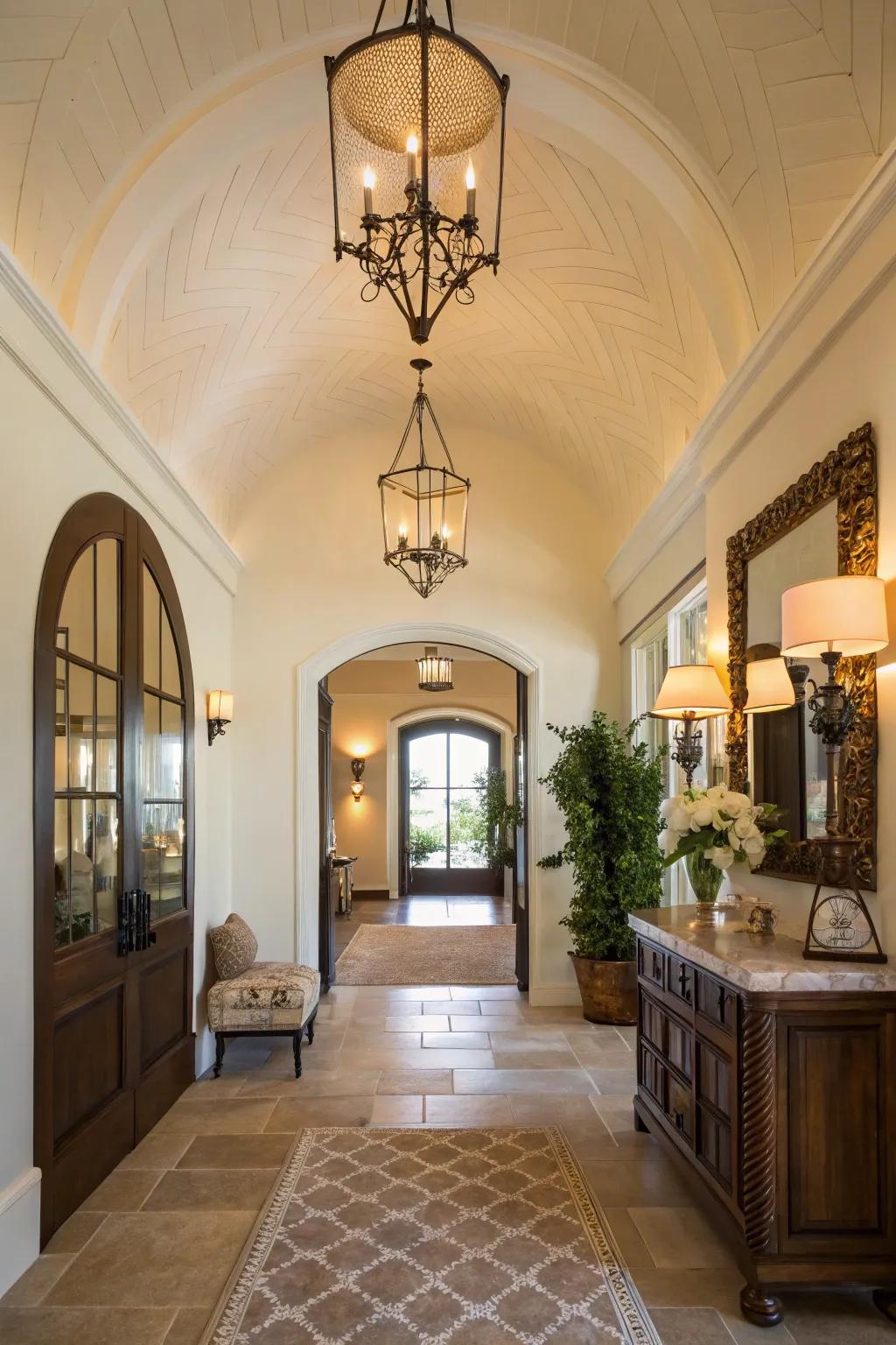 A bright entryway featuring a vaulted ceiling, making a striking initial impression.