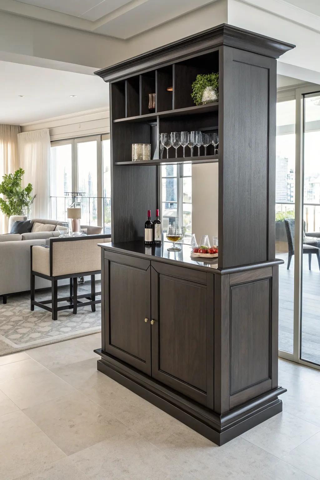 A freestanding bar serves as a functional and decorative piece.