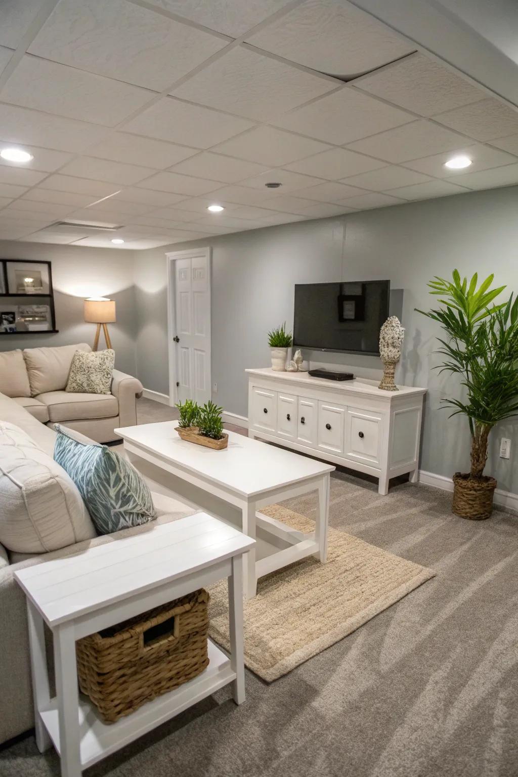 Light shades have the ability to greatly change a basement’s atmosphere.