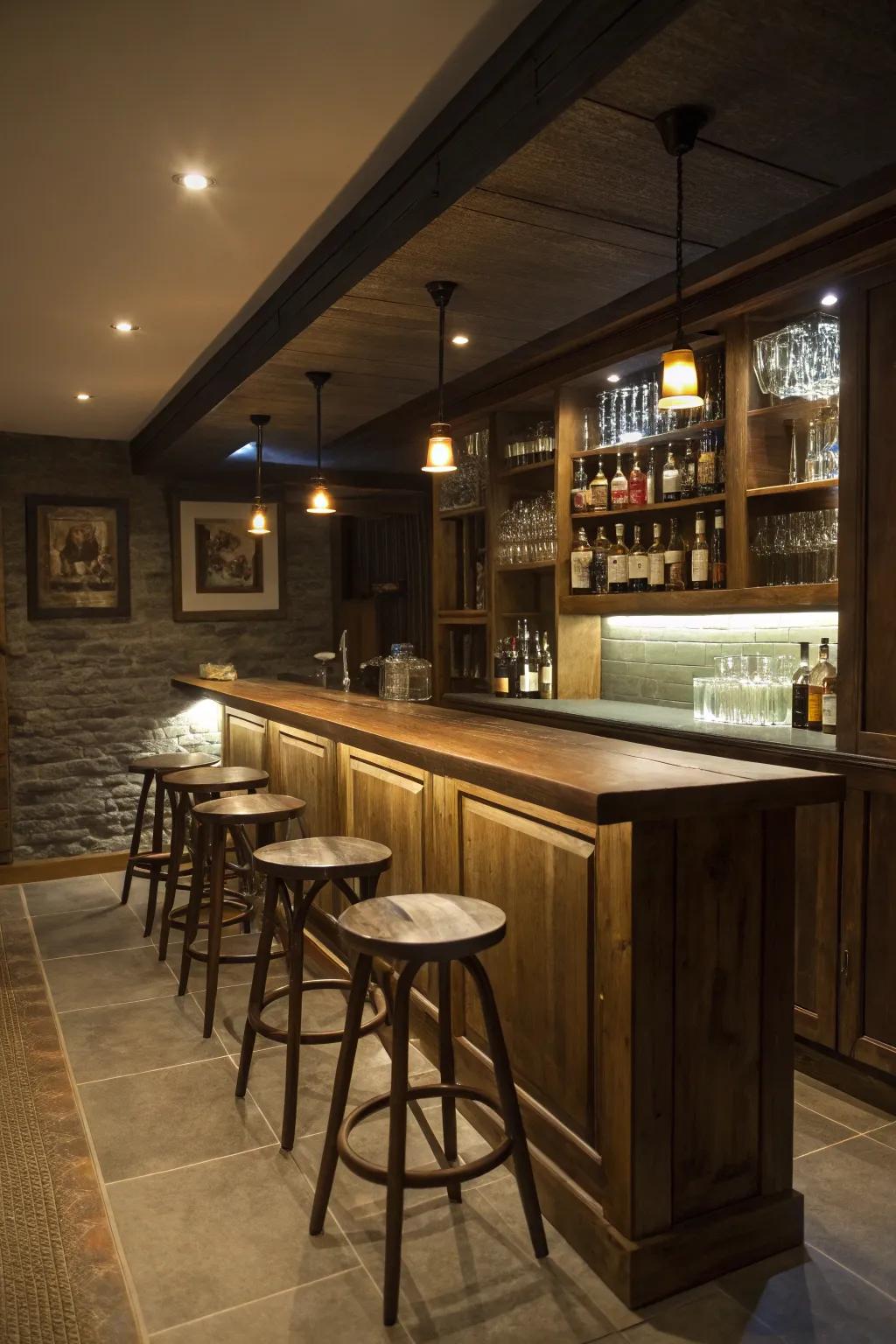 Build a relaxed ambiance using layered lighting options in your basement bar.