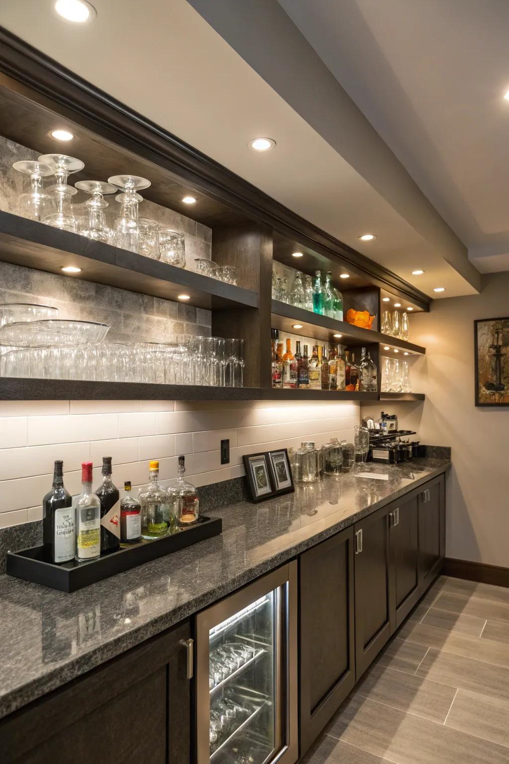 Floating shelves bring a touch of modern elegance to any bar area.