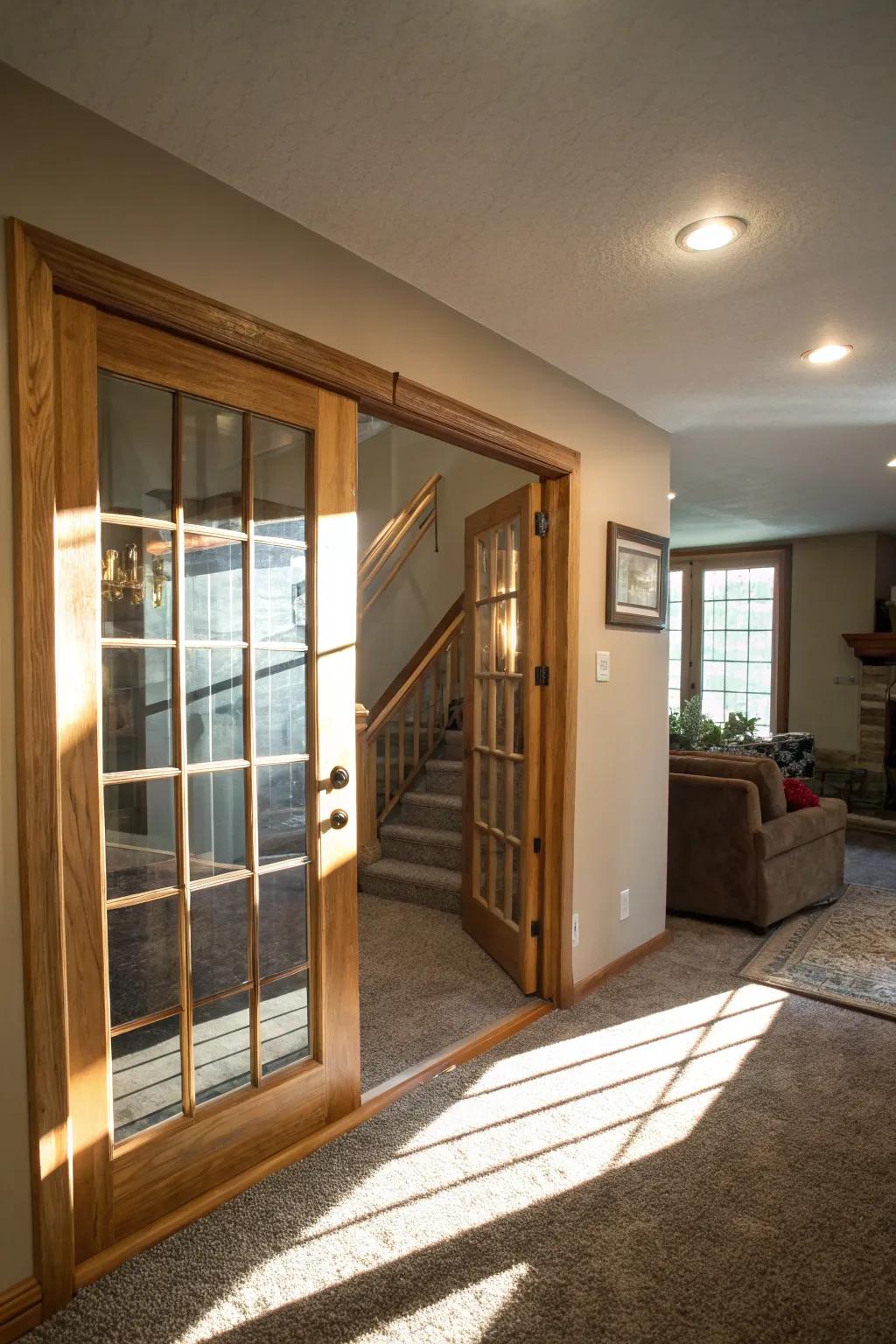 A crystal pane door fills the basement with natural light, creating a welcoming ambiance.