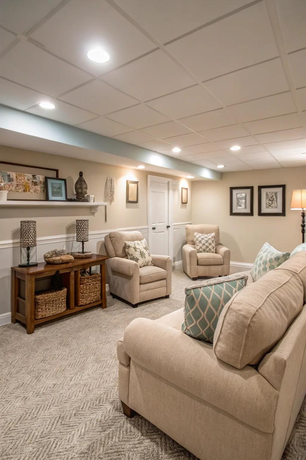 Earthy tones establish a tranquil and spacious vibe in this lower-level space.