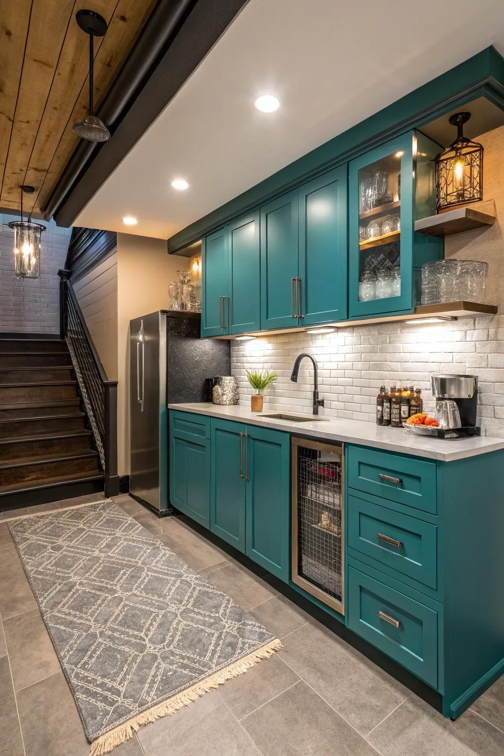 Bold cabinetry has the ability to infuse vitality and flair into your basement kitchenette.