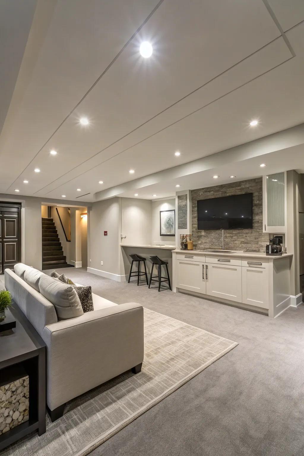 Recessed lighting aids in maintaining your basement's spacious and radiant atmosphere.