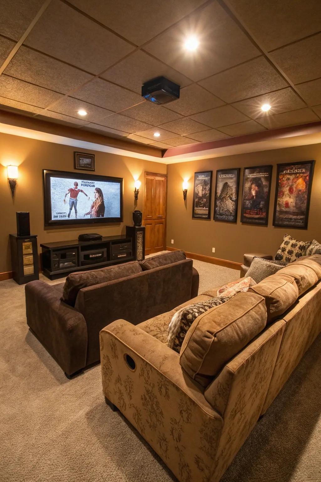 A large flat-panel TV serves as an impressive focal point in a home theater.