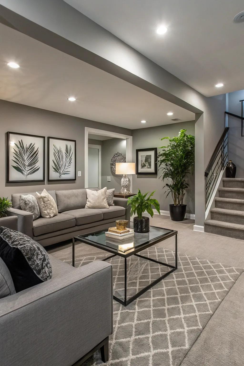 Walls painted light gray lend a contemporary touch to this lower level.