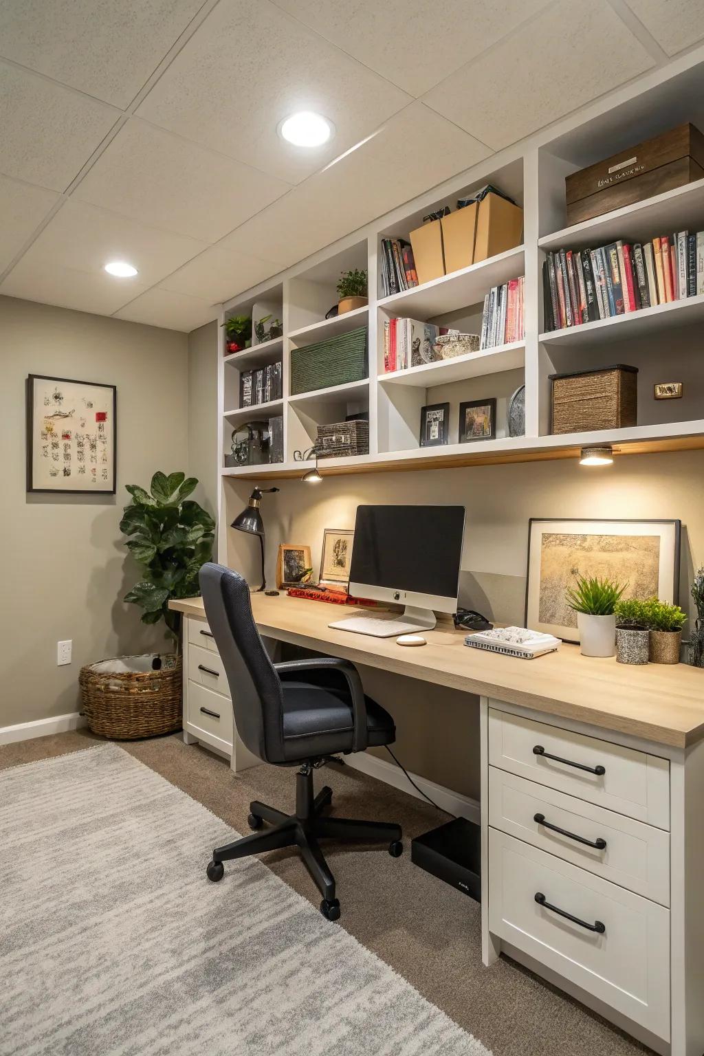 A modern basement home office featuring a spacious desk and organized shelving.