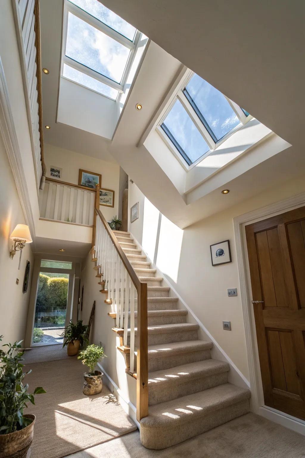 Sunlight windows brighten up the stairway, establishing an open atmosphere.
