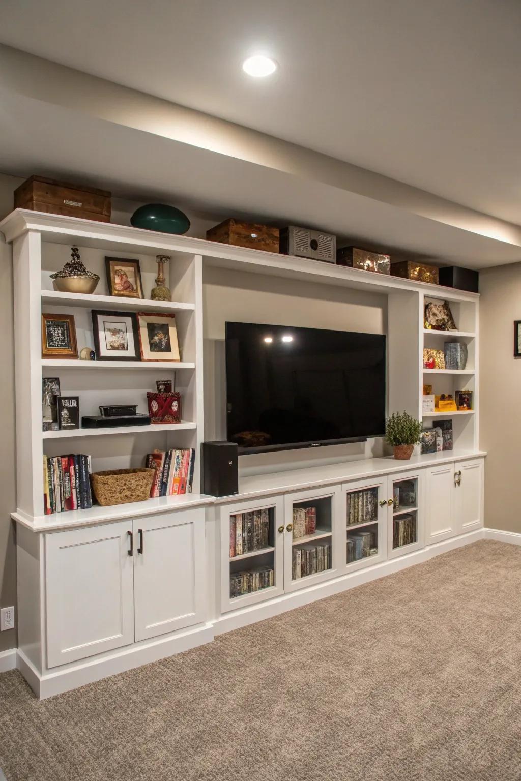 A basement TV feature wall with built-in shelves surrounding a large flat-screen TV, blending style and practicality.