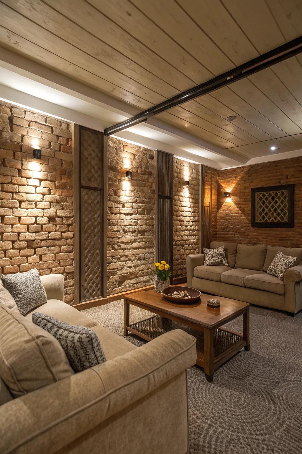 Layered textures add depth and warmth to basements.