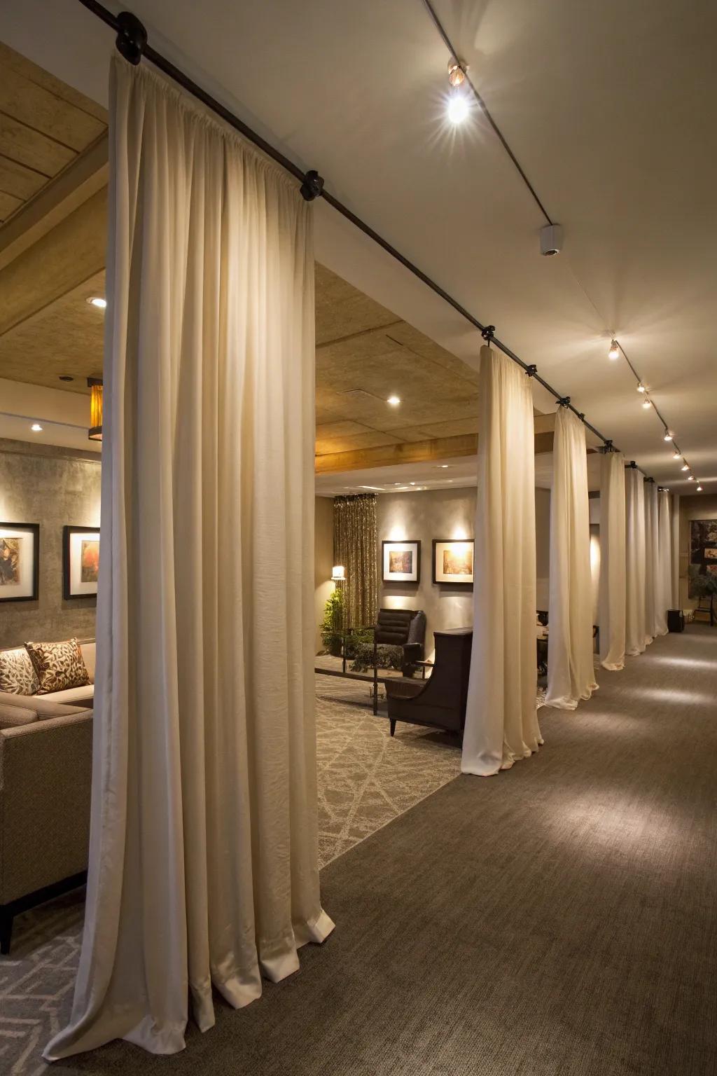 Drapes from floor-to-ceiling bring drama and height to any basement.