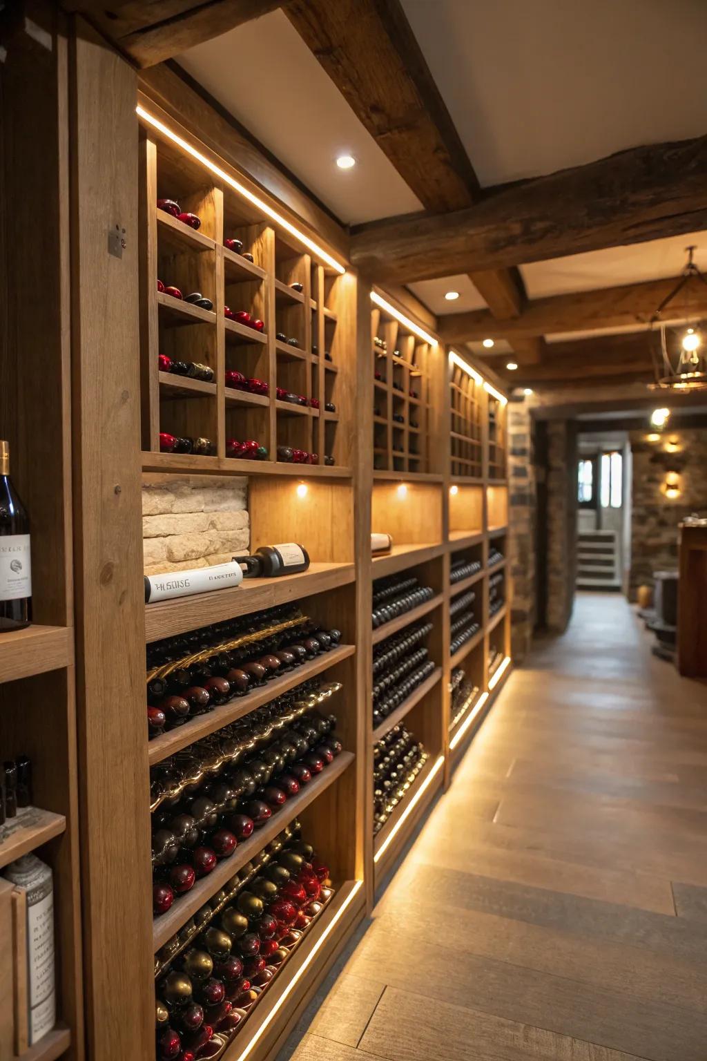 Gentle lighting enhances the mood inside a wine cellar.