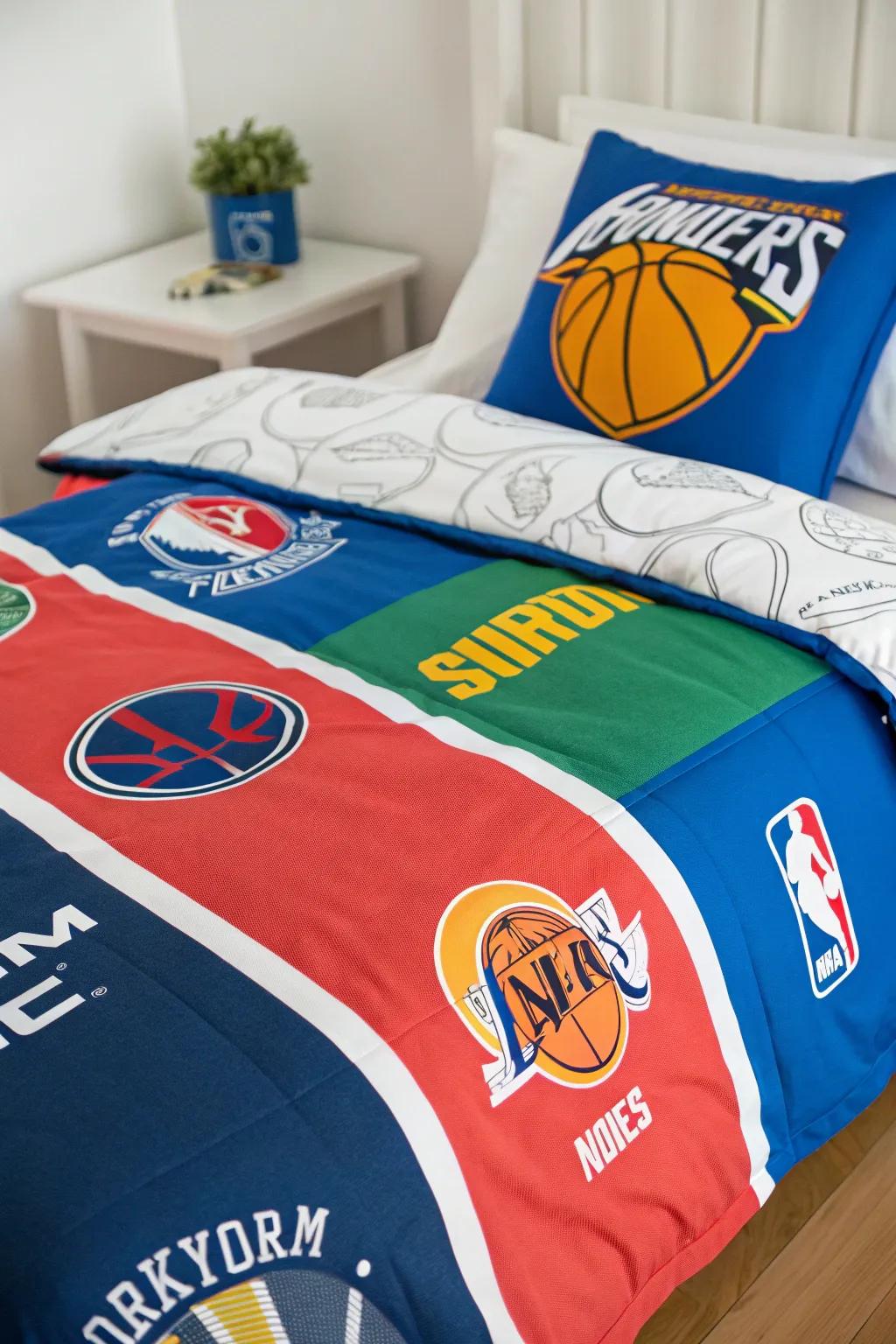 Bedding inspired by the team adds a distinctive element to the basketball-themed room.