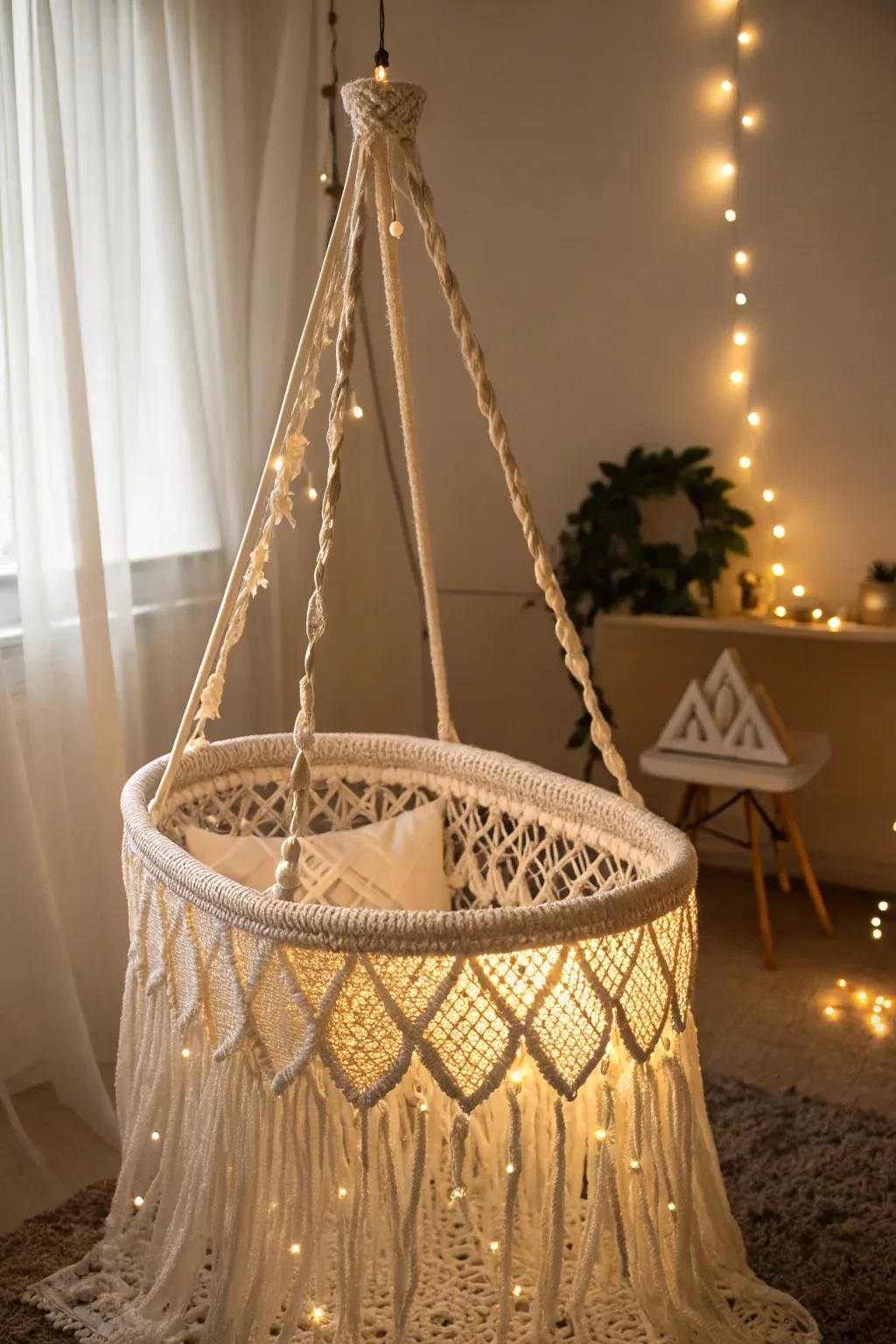 Bohemian vibes with a macramé hanging bassinet.