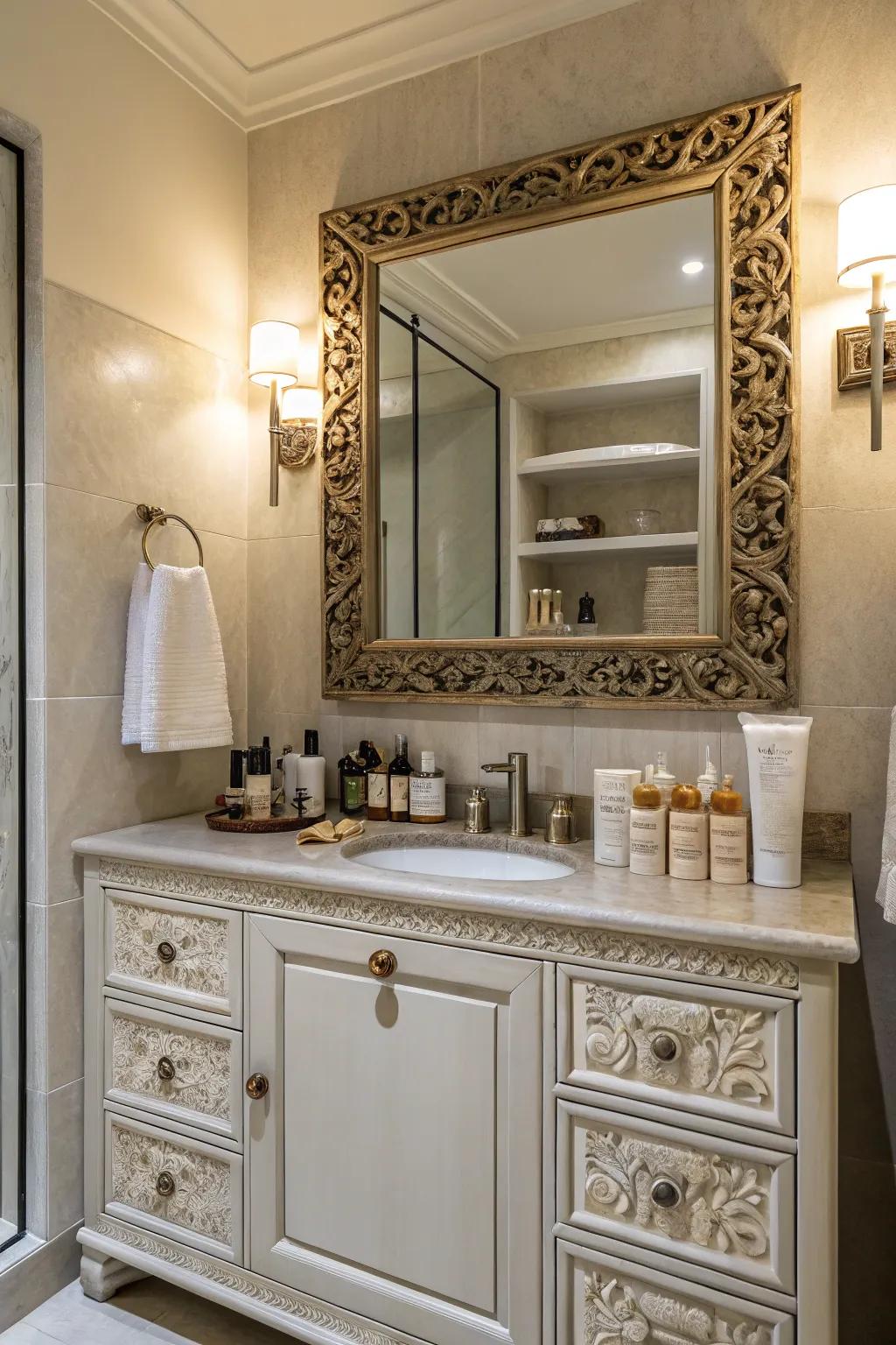 A fashionable mirror can anchor your bathroom's look.